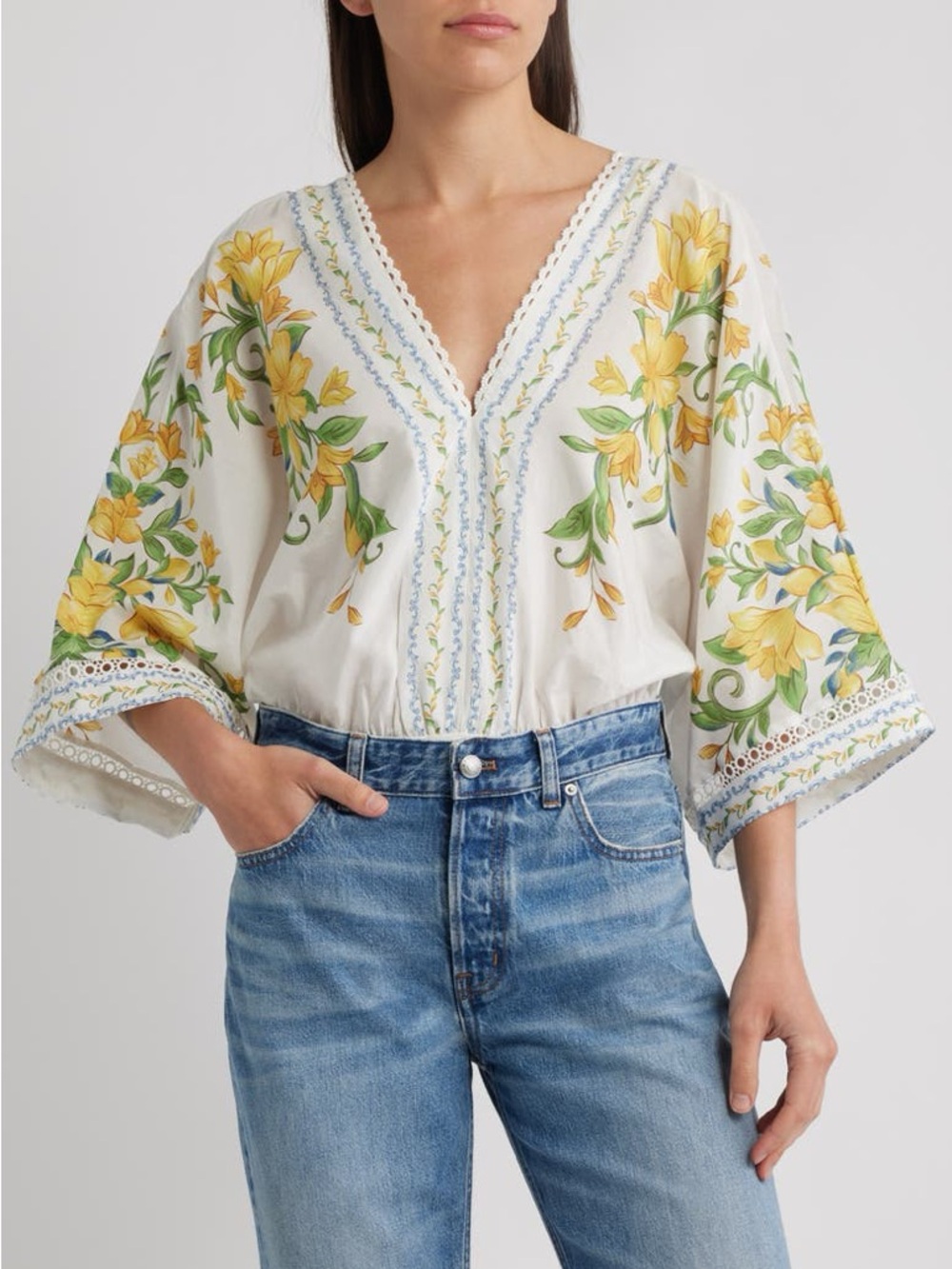 NEW FARM RIO Body Sicily Off-White {£198} Floral Yellow V-Neck Boho Bodysuit Med